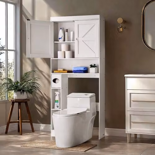 Mobiletto Portaoggetti per Bagno Vevor Bianco con Doppia Anta e Ripiano Aperto, H: 171,3 cm, L: 81,5 cm, P: 19,5 cm