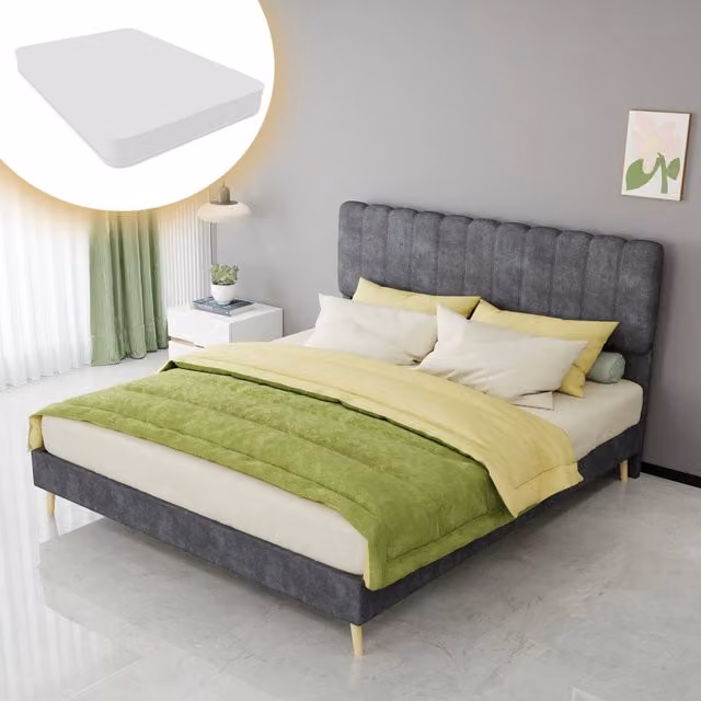 Letto imbottito matrimoniale 160×200 cm con testiera alta, materasso incluso, tessuto e metallo, grigio