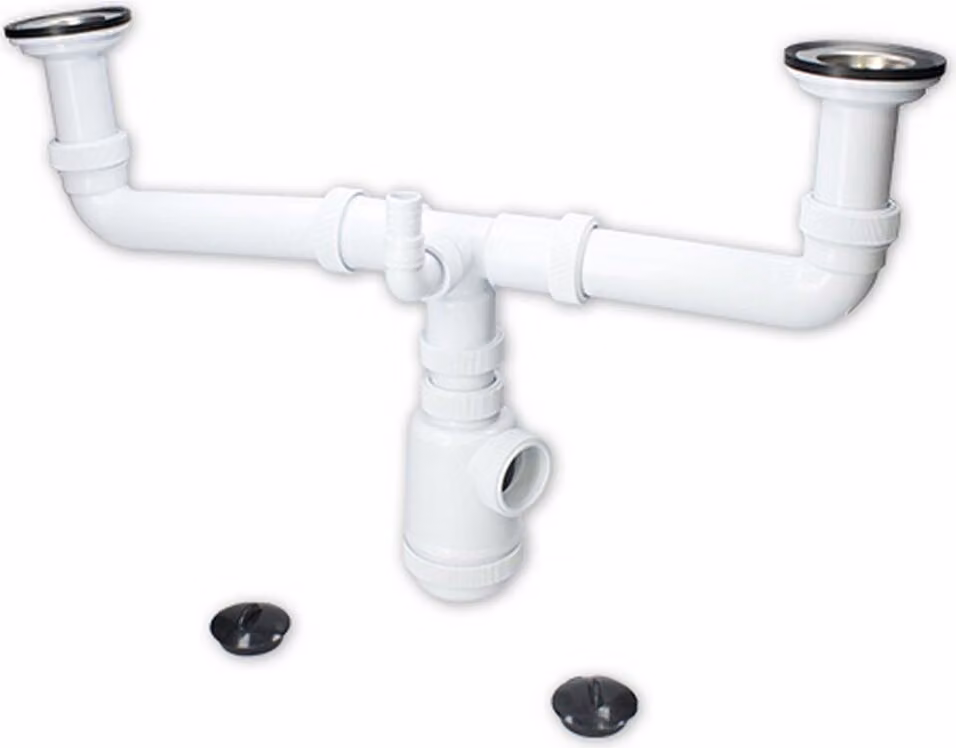Fontastock FSKFSI008 sifone doppio estraibile 1-1/2" tipo bottiglia 32/40 con griglie di scarico e tappo inclusi, uscita orizzontale, uscita da lavatrice o lavastoviglie