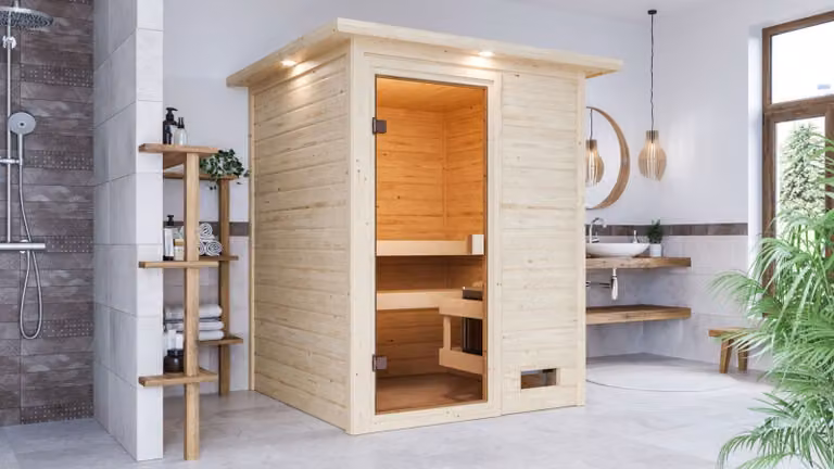Sauna Woodfeeling Sandra (ingresso frontale), porta tutto vetro, bronzata, senza accessori
