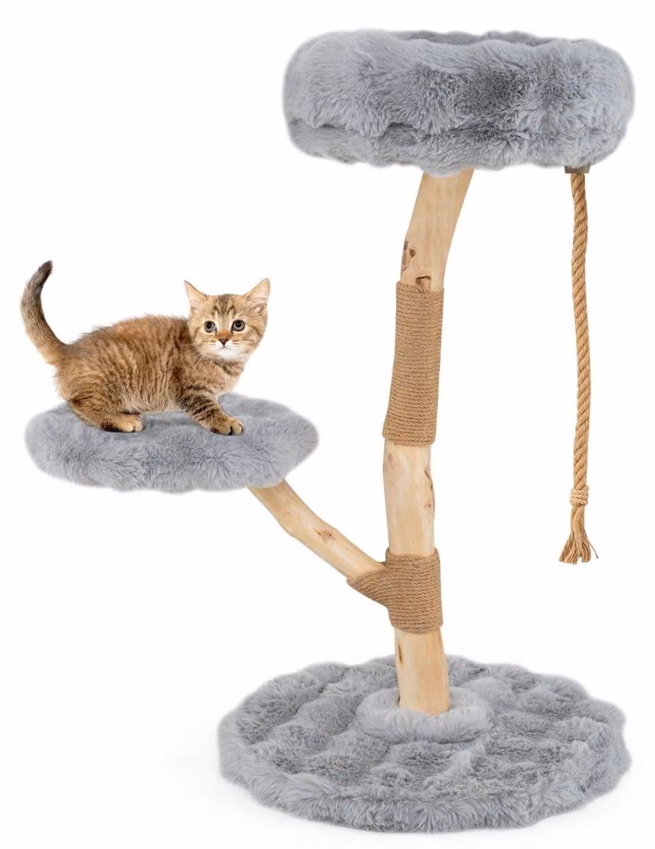 Tiragraffi per gatti con 3 piattaforme imbottite, pali in juta, 90 cm, grigio.
