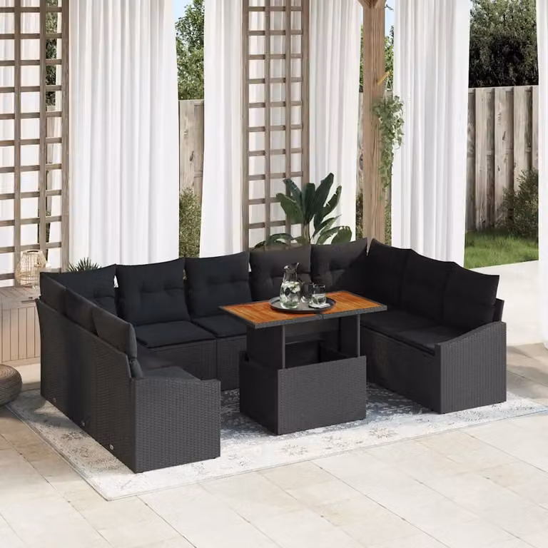Set da pranzo da giardino vidaXL in rattan e legno di acacia, 10 pezzi, Nero e Marrone