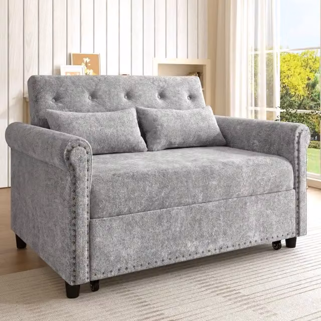 Divano letto 3 in 1 WISHDOR a 2 posti in tessuto grigio con schienale regolabile, struttura in legno e metallo, funzione estraibile e cuscini inclusi