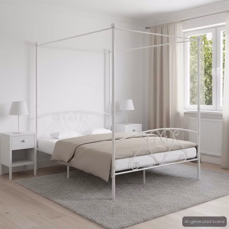 vidaXL Giroletto con Baldacchino in Metallo Bianco L/P/H: 209 x 140 x 198 cm