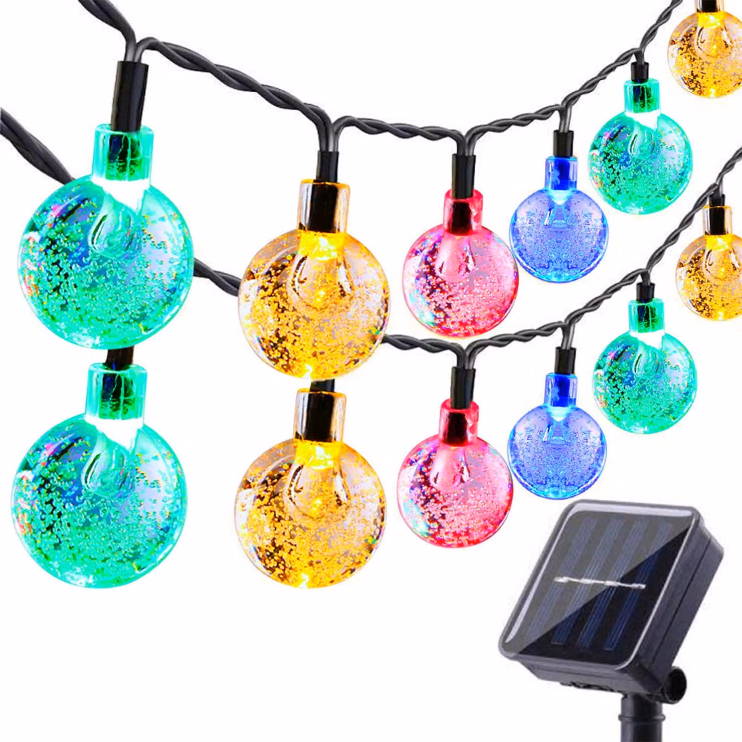 Catena luminosa solare con 60 LED, lunghezza 11 metri, grado di protezione IP65, 8 modalità, sfere di cristallo, multicolore