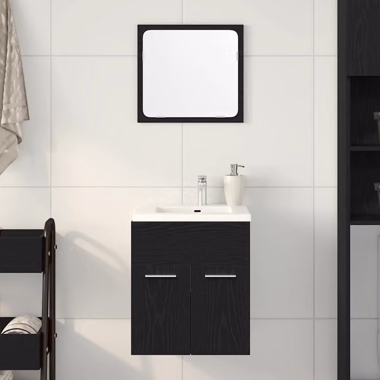 Set Mobili da Bagno vidaXL 2 Pezzi in Legno e Vetro Nero Moderno con Mobile Lavabo e Armadietto Specchio a Parete