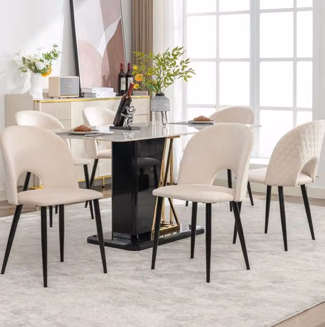 Set da 6 sedie imbottite da sala da pranzo con schienale, seduta in velluto beige, gambe in metallo e piedini regolabili