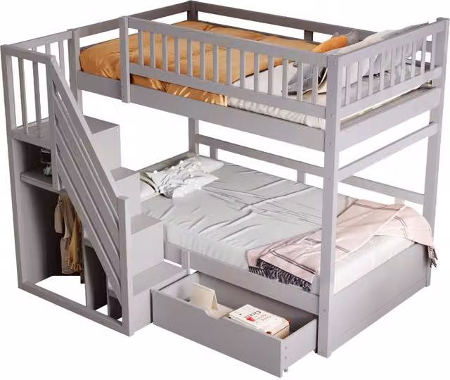 Letto a castello 90x200 cm con scale contenitore e cassetti; grigio