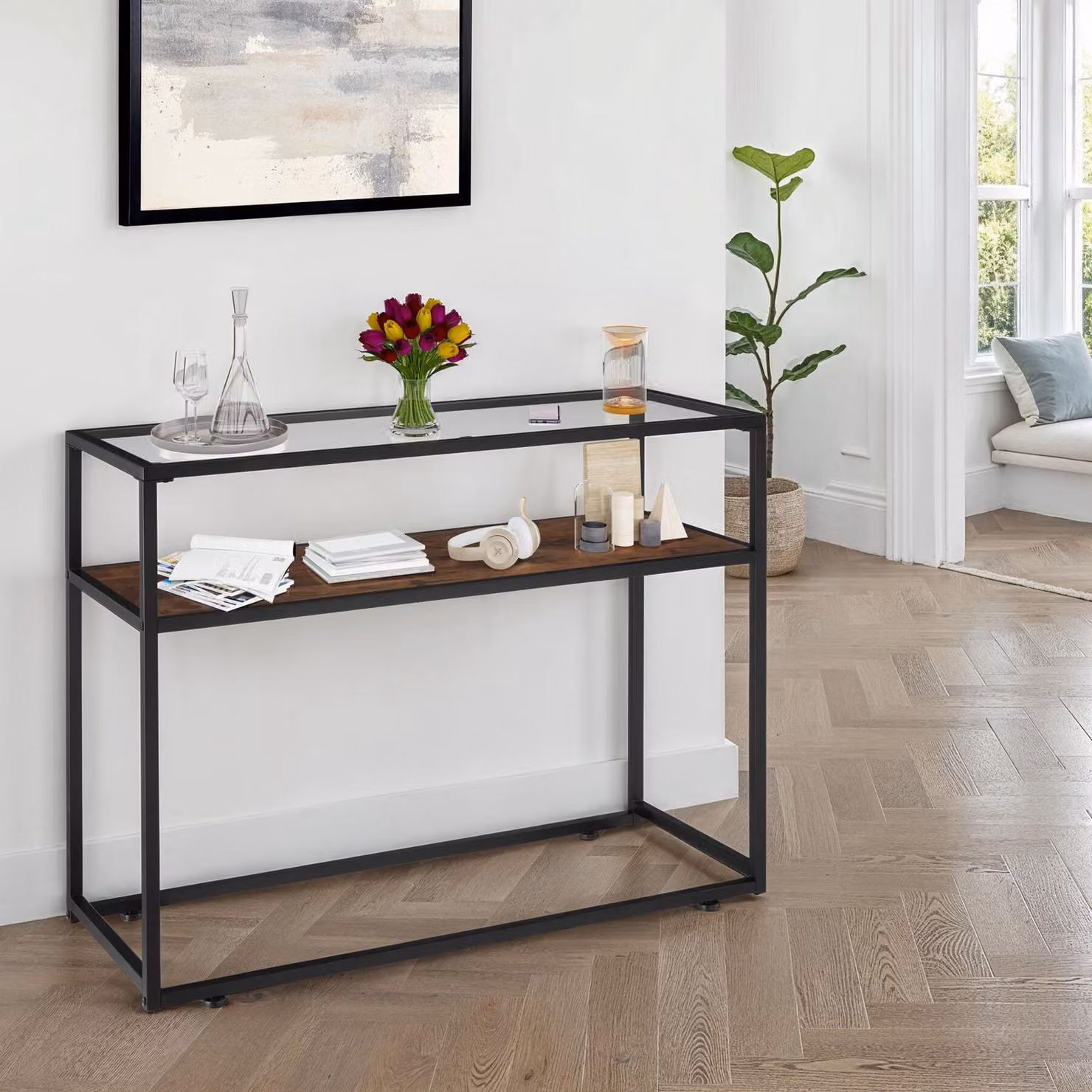 Tavolo da salotto rettangolare tectake in stile industriale con piano in vetro nero e struttura in metallo marrone L 100 x P 30 x H 80,5 cm – 3