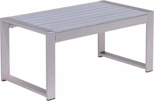 Tavolino da giardino Beliani in alluminio grigio con piano in materiale composito e design minimalista rettangolare
