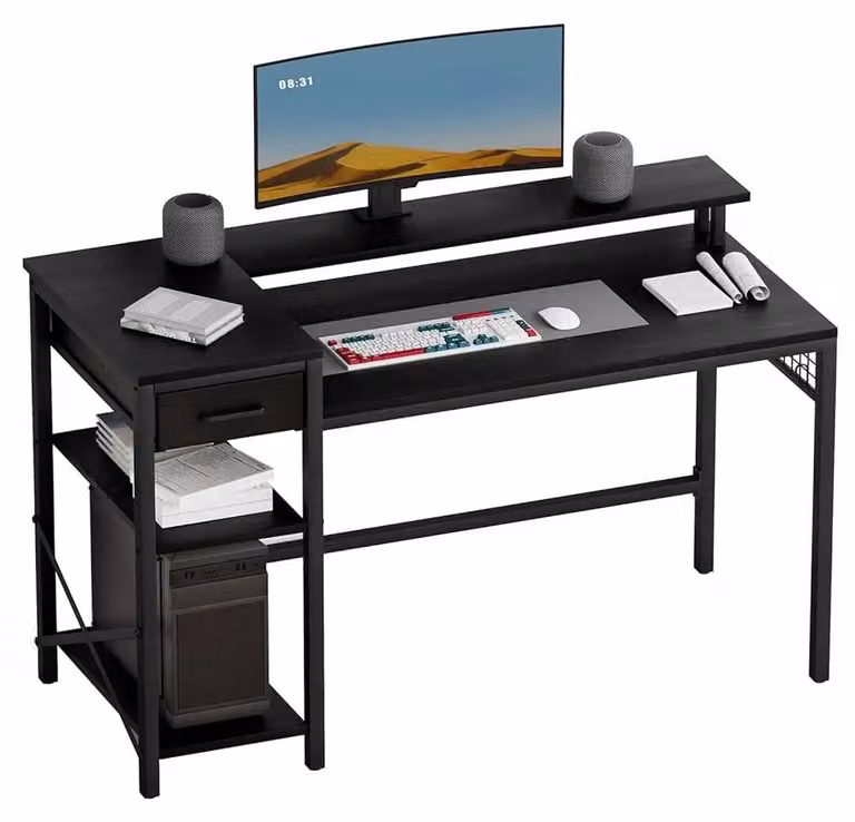 Scrivania angolare - Scrivania a L per computer - 120 cm - Ripiani regolabili - Design vintage - Colore nero