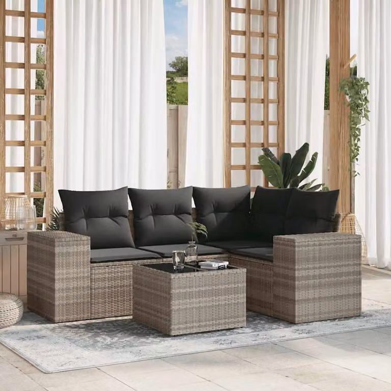 Set Divano da Giardino vidaXL 5 Pezzi a Forma di L in Polyrattan Grigio con Cuscini e Tavolino