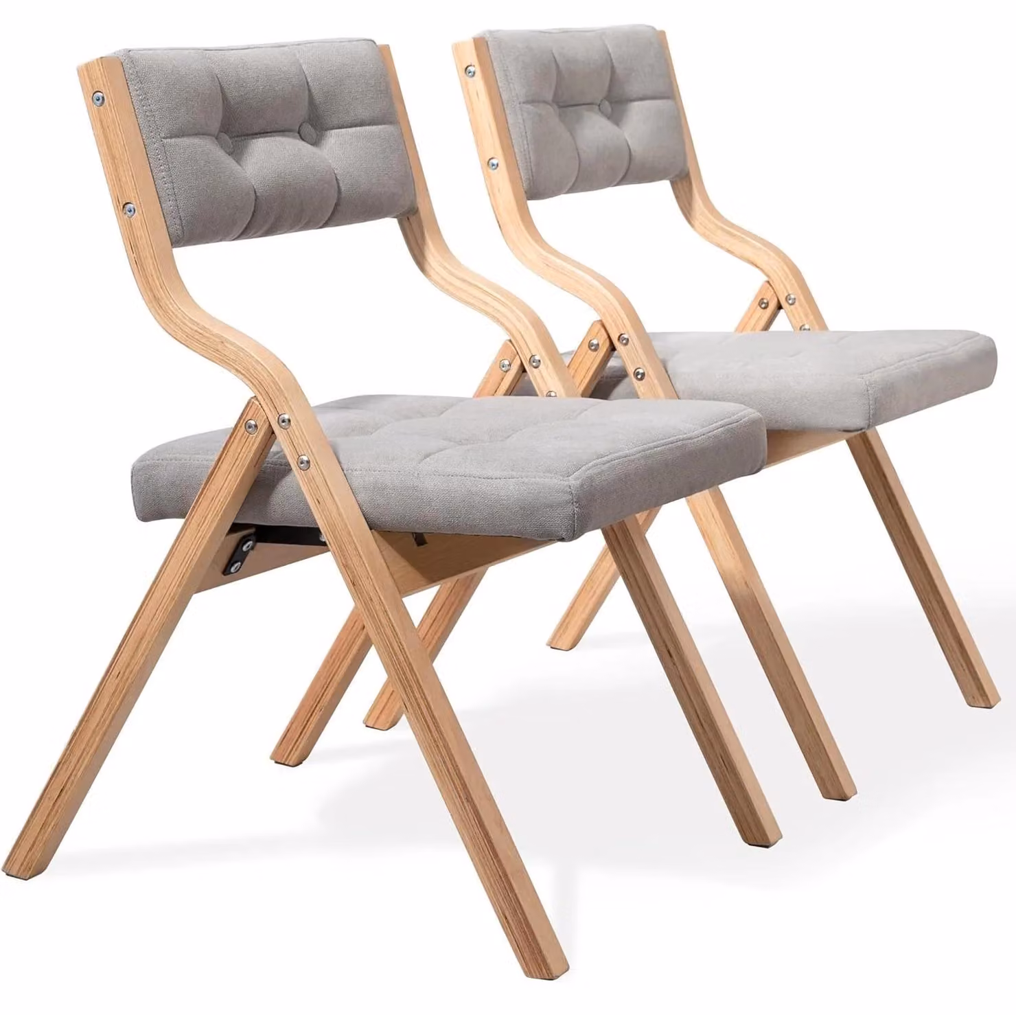 Sedie pieghevoli per la sala da pranzo con gambe in legno - Set da 2 - Seduta imbottita - Legno massello - Rivestimento in tessuto - 48 x 61 x 77 cm - Grigio