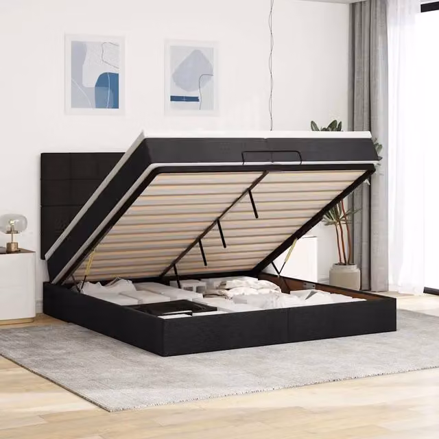 Letto con contenitore a sollevamento vidaXL in tessuto nero e bianco L 200 x P 200 cm – 1