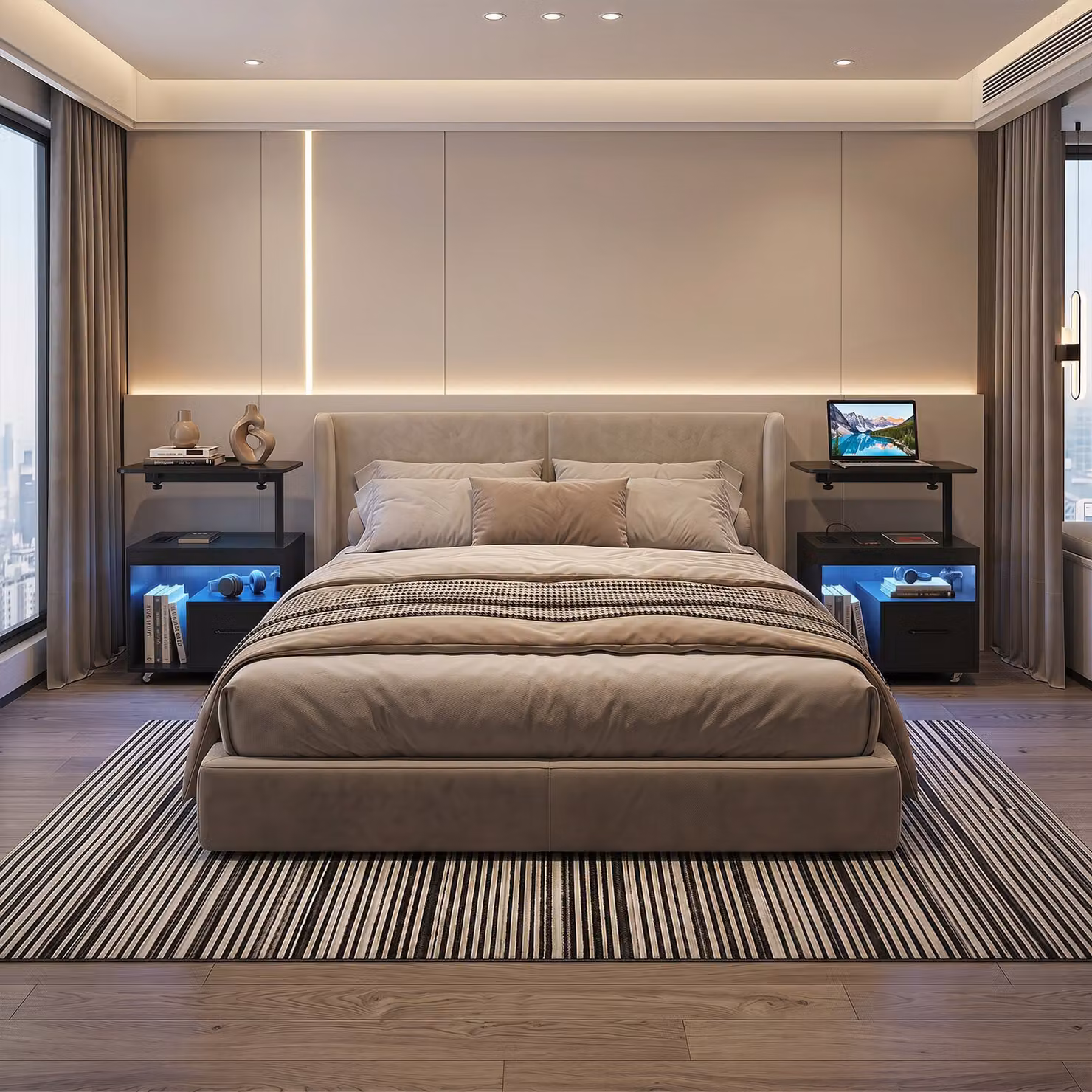 Set di 2 comodini da camera da letto Costway con luci LED regolabili, stazione di ricarica e piano girevole ribaltabile, Nero