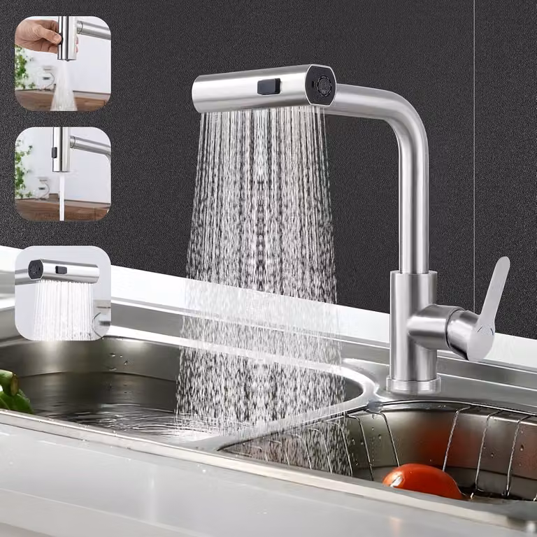 Miscelatore da cucina estraibile, cromato, girevole a 360°, per cucina