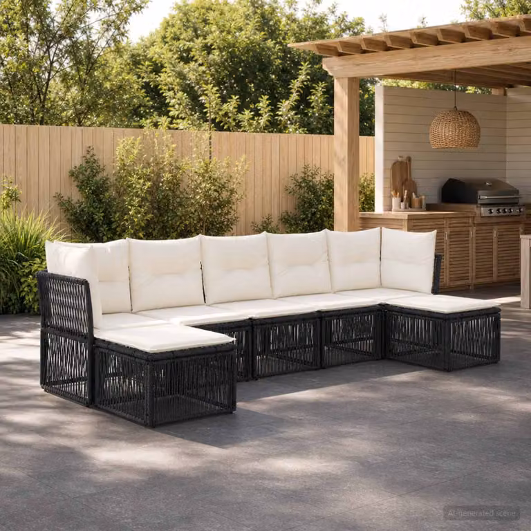 Set Divano da Giardino vidaXL 7 pz Nero in Polyrattan con Cuscini e Struttura in Acciaio