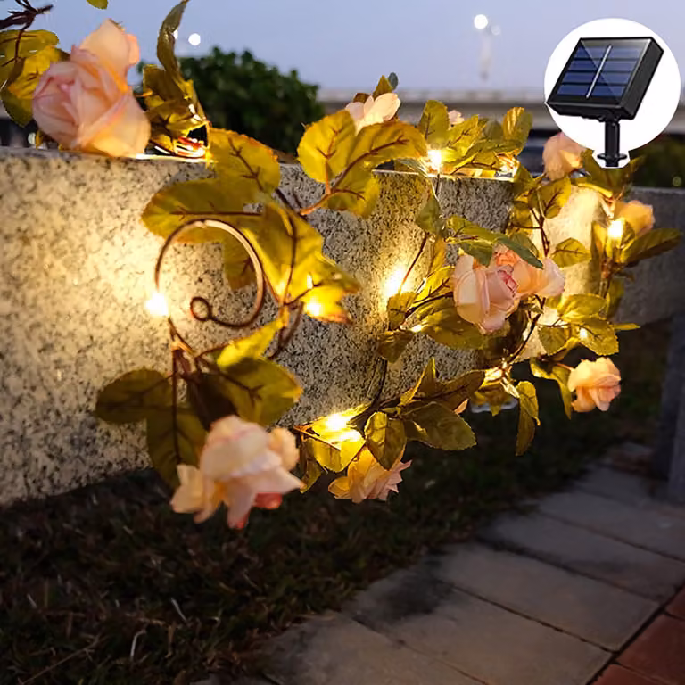 Catena luminosa a energia solare con rose artificiali, 2 metri, 20 LED, impermeabile