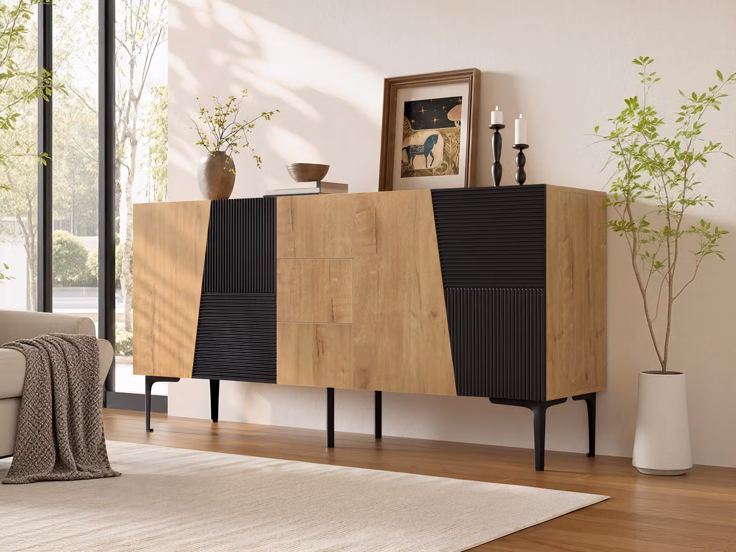 Comodino MODFU con 4 ante e 3 cassetti, mobile contenitore spazioso con ripiani regolabili, armadietto moderno 160x40x80 cm, aspetto legno/nero