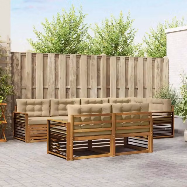 Set di divani da esterno a L vidaXL in legno di acacia con cuscini beige e sabbia, 7 pezzi – 1