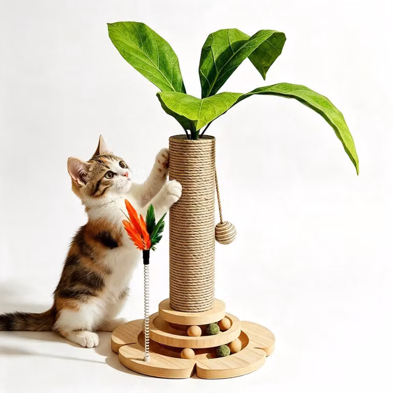 Albero per gatti con corda in sisal, 44 cm di altezza, due livelli, percorso a sfera e palla giocattolo