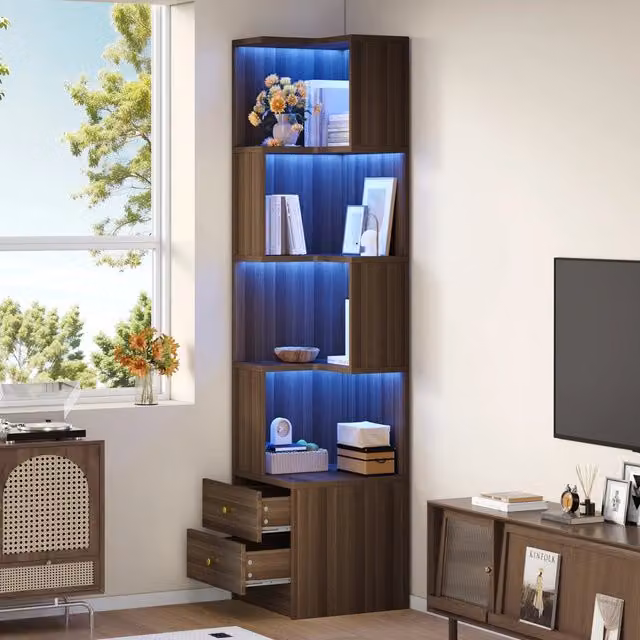 Libreria angolare a L Mivray in MDF marrone con 4 ripiani aperti, 2 cassetti e illuminazione LED integrata, L/P/H: 45 x 43.5 x 180 cm
