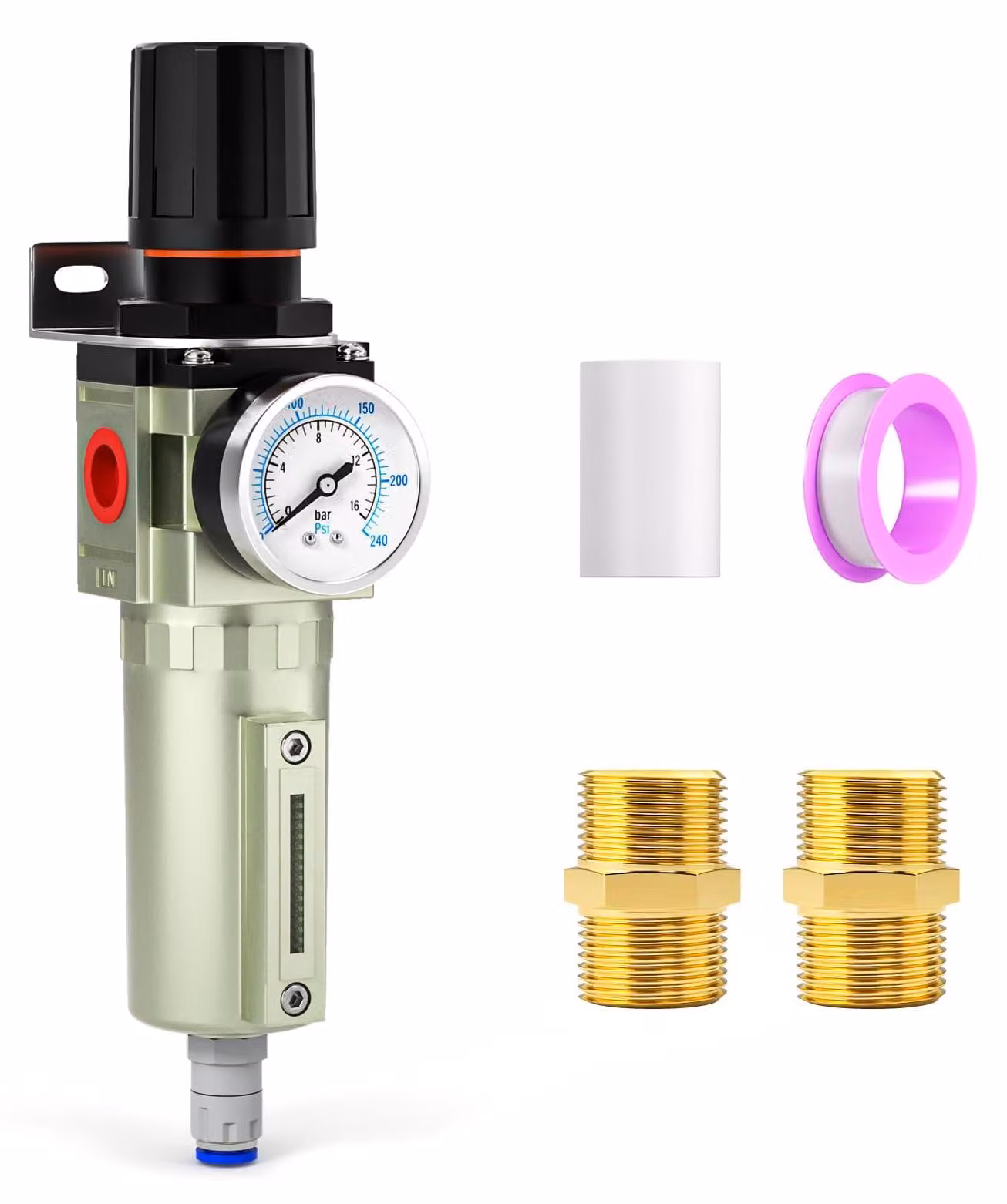 Filtro per l'umidità per compressore d'aria industriale, robusto, con filettatura BSP da 1/2". Include scarico automatico, filtro per particelle e regolatore di pressione