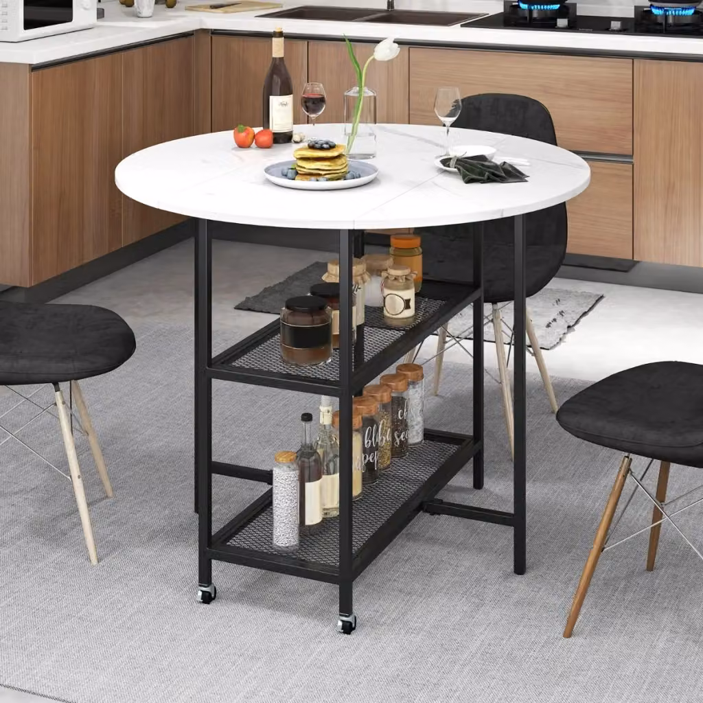 Tavolo da pranzo pieghevole a ribalta rotondo bianco con ruote e struttura in metallo per cucina e sala da pranzo – 2