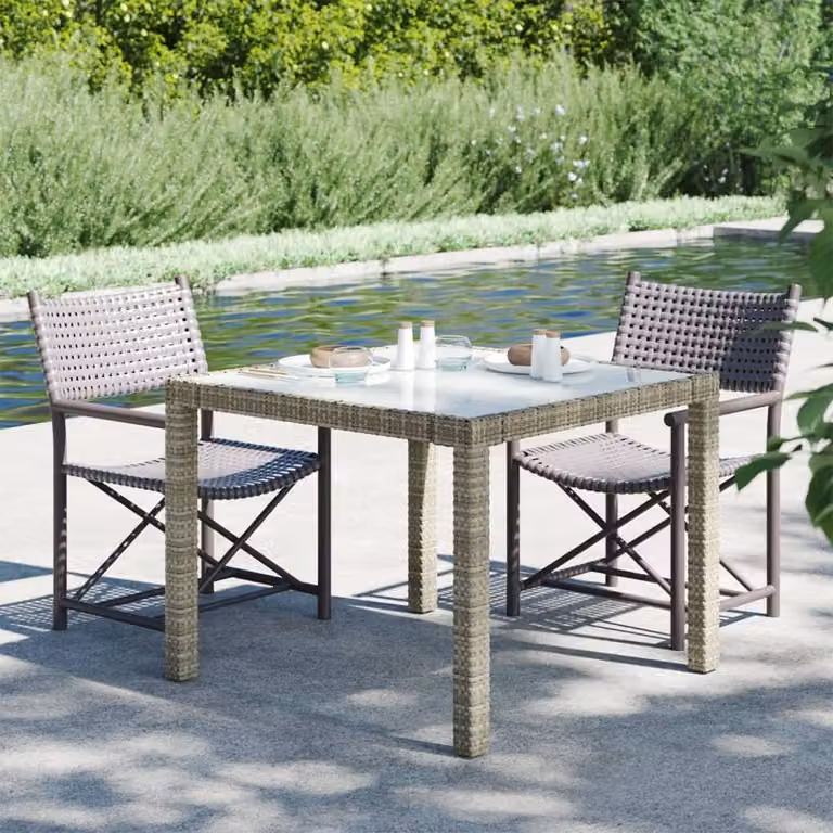 The Living Store Tavolo da giardino 90x90x75 cm Vetro temperato Poly Rattan Grigio