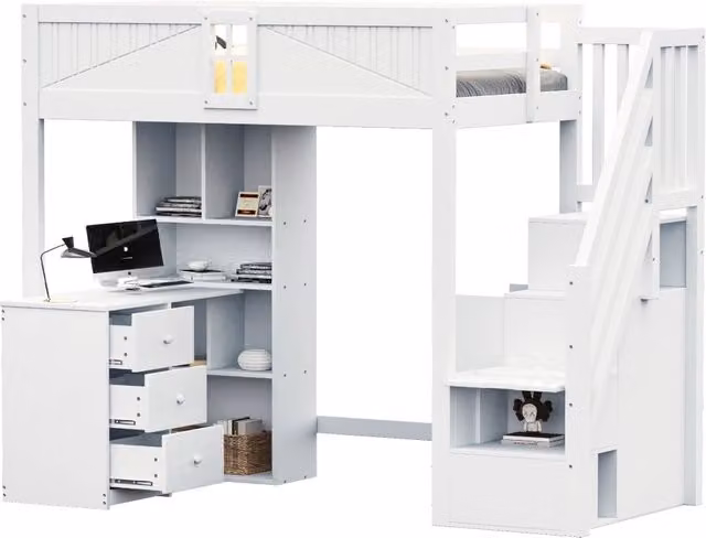 Letto a soppalco 90x200 cm con scrivania; cassetti e armadi in pino; MDF e compensato bianco