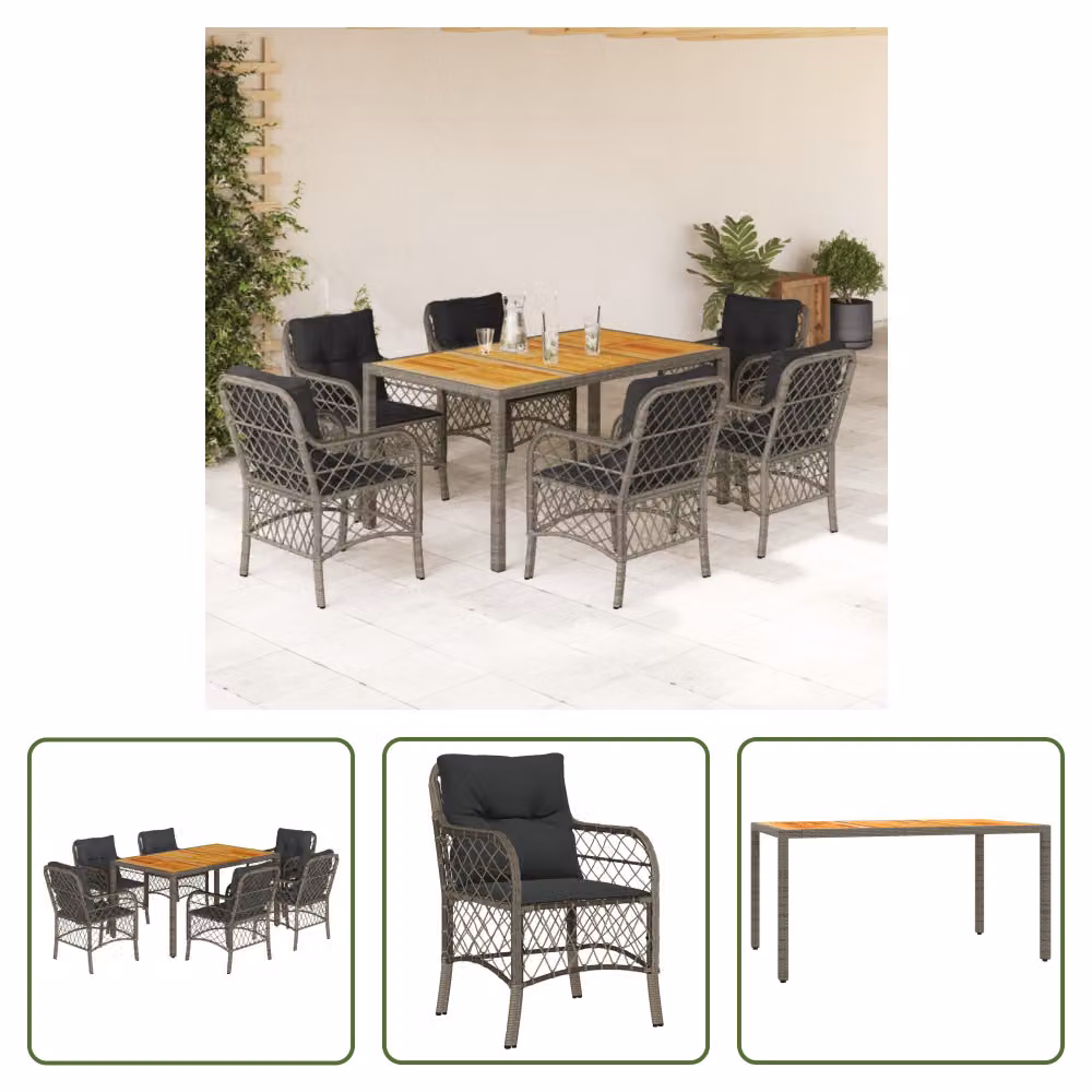 The Living Store Set da pranzo da giardino 7 pezzi con cuscini in poly rattan grigio