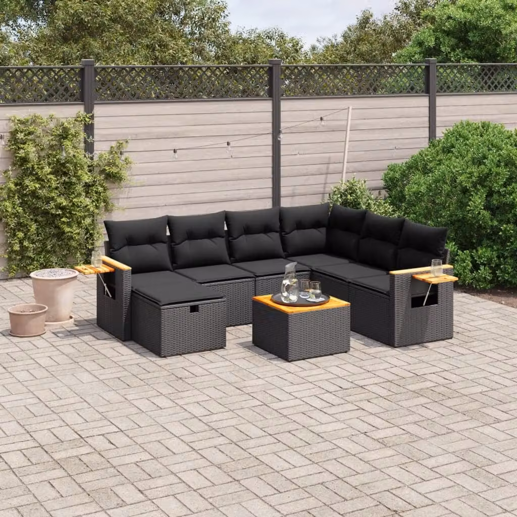 vidaXL Set Divani da Giardino a L con Cuscini 8 pz Nero in Polyrattan e Acciaio – 1