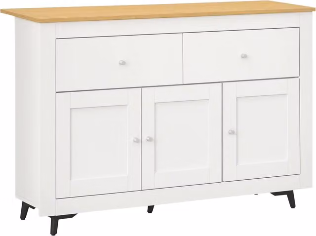Credenza Minimal bianca con 2 cassetti e 3 ante, L: 117 cm, P: 35 cm, H: 80 cm