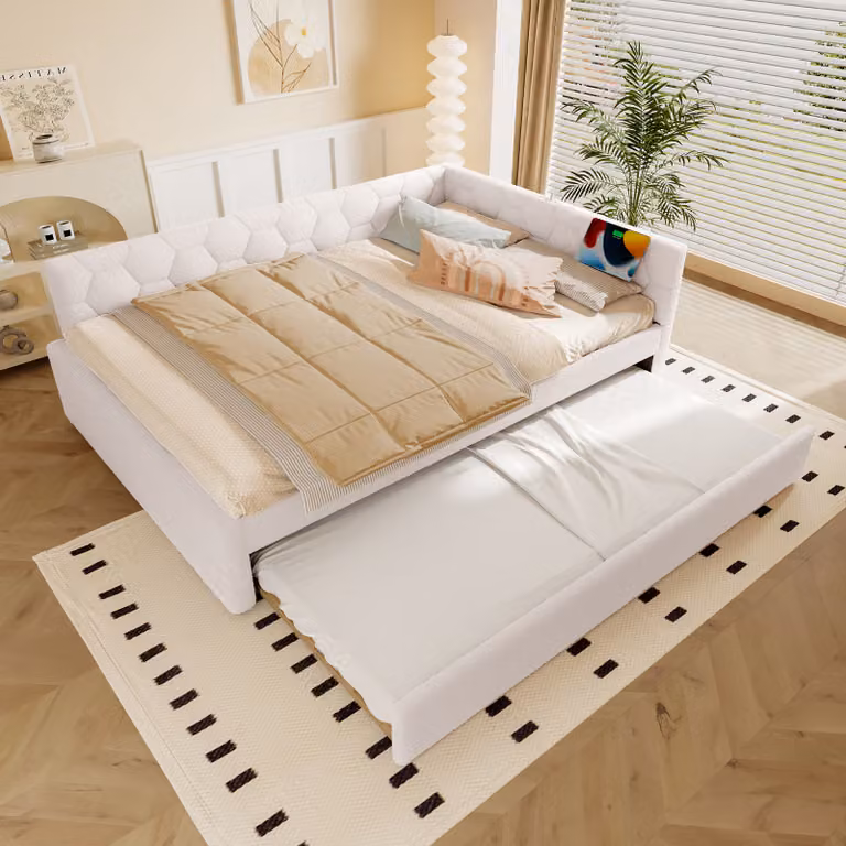 MODFU Divano letto 140x200, lettino per bambini con letto estraibile e lampada da comodino, divano letto con porta USB e Type-C, struttura letto con rete a doghe, senza materasso, bianco