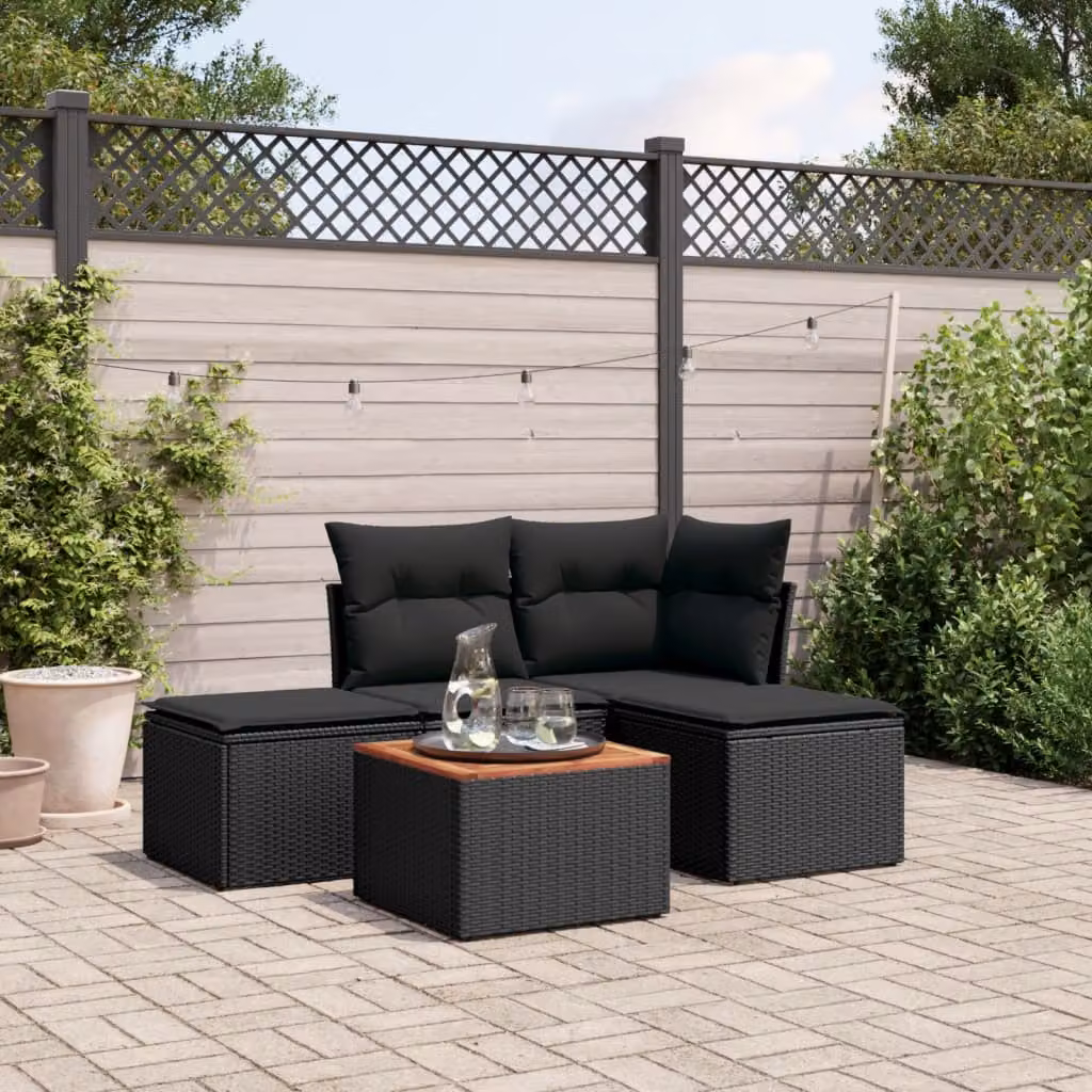 vidaXL Set Divani da Giardino 5 pz a Forma a L in Polyrattan Nero e Marrone con Cuscini e Tavolino – 1
