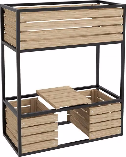 Fioriera a gradoni per orto rialzato Outsunny in legno, 3 fioriere, Naturale + Nero, L: 83 cm, P: 39 cm, H: 100 cm – 1