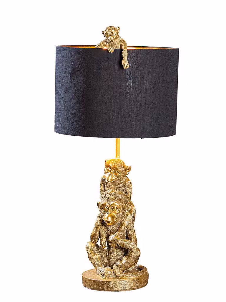 Gilde Tischleuchte, Affenbande, Affenmotiv, Kunstharz, schwarz, goldfarben, VE 1 Höhe: 66.00 cm Breite: 30.50 cm Tiefe: 33.00cm 52971