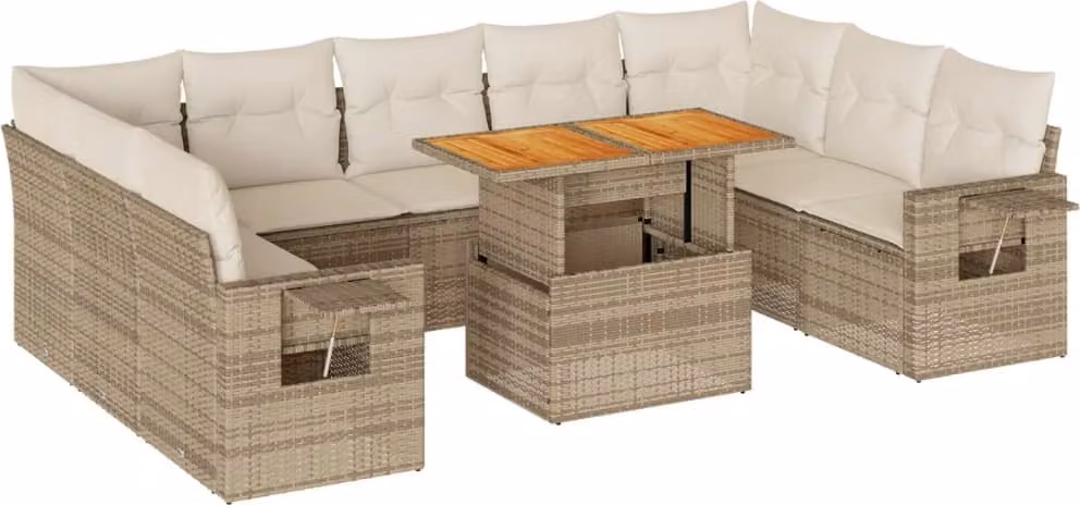 Set Divano da Giardino 10 pz con Cuscini Beige in Polyrattan