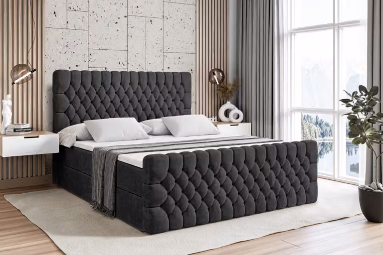 Letto boxspring ALTDECOR con pediera, materasso H4 e topper - 120 x 200 cm - SERENE-Z - Velluto nero - Letto imbottito con contenitore e rete a doghe, letto con spazio contenitivo