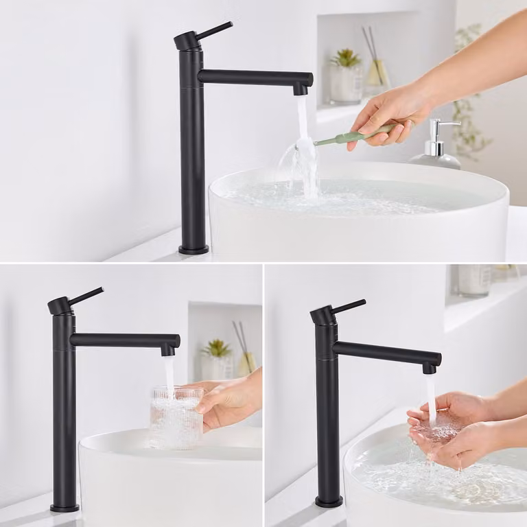 Miscelatore per lavabo, modello alto, 237 mm, finitura nera opaca, girevole a 360°, per bagno
