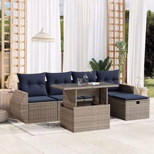 Set di divani da giardino vidaXL in polyrattan con cuscini grigi e blu, 6 pezzi – 1