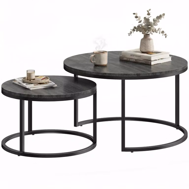 Tavolino rotondo - Set da 2 pezzi - Tavolini aggiuntivi impilabili - Struttura in metallo - Aspetto legno - Nero - 78,5 x 78,5 x 46,5 cm
