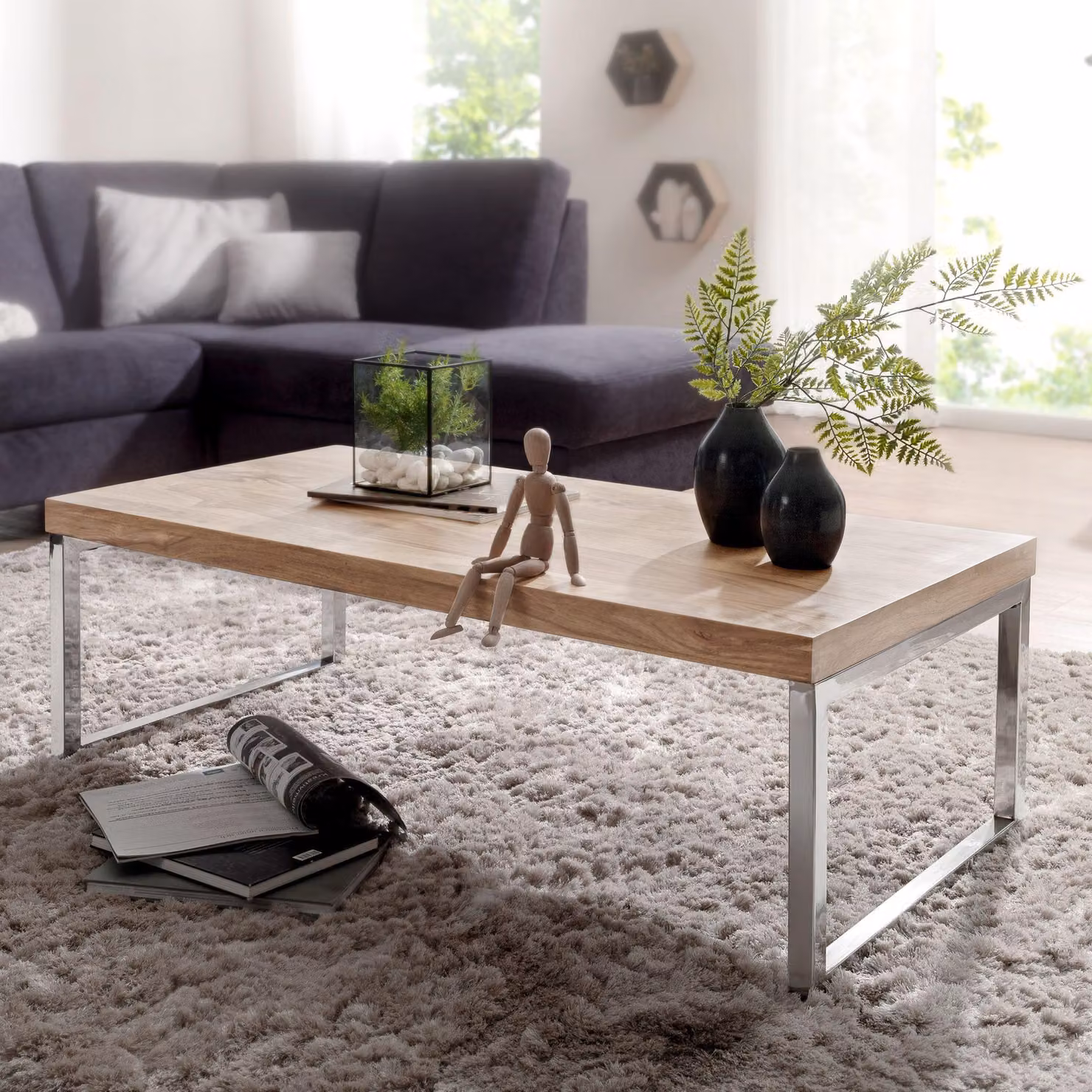 FineBuy Tavolino in legno massiccio di acacia 120x60x40 cm - Tavolo rettangolare da soggiorno con base a slitta cromata - Design industriale fatto a mano