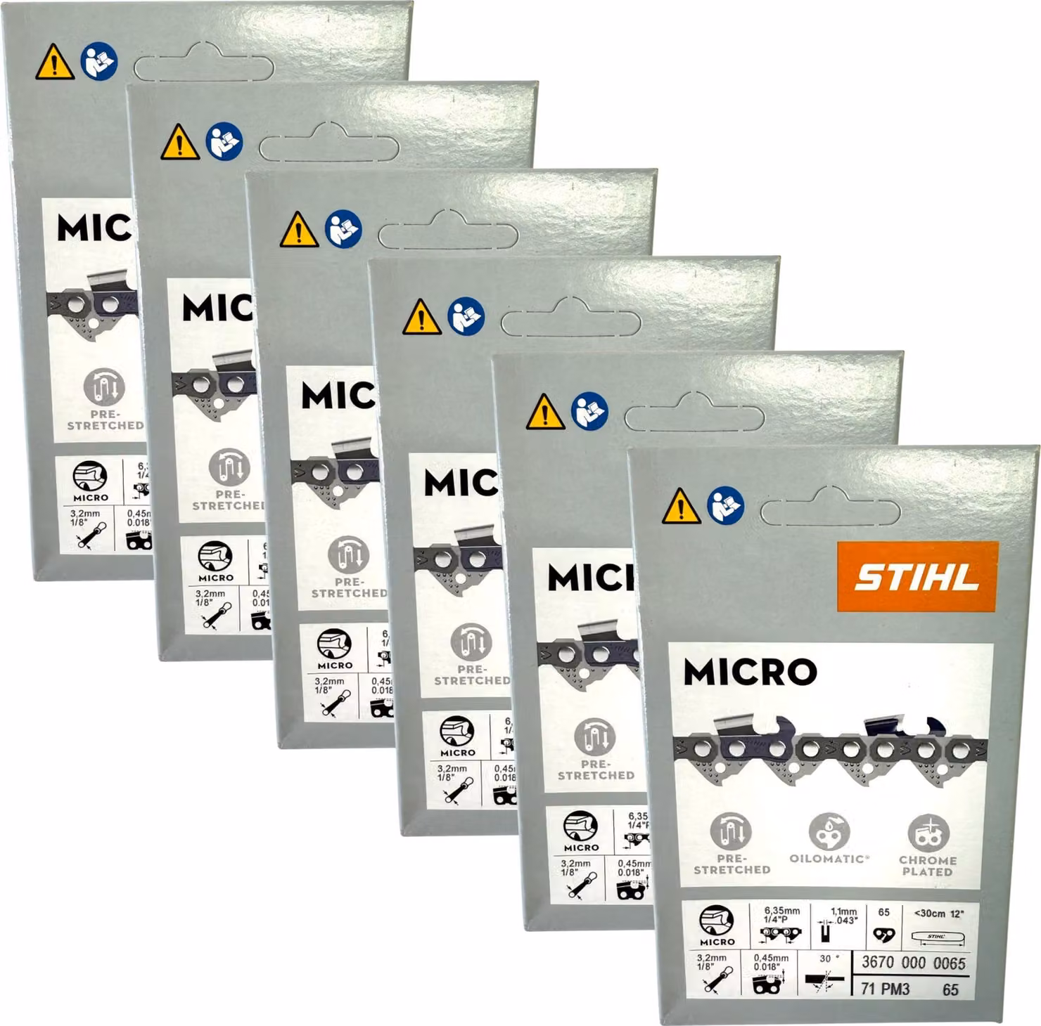 Stihl 6x catena per motosega 1/4" Picco Micro 3 (PM3) da 30 cm, 1/4" P 1,1 mm, 65 TG, 6 pezzi (6x 36700000065)