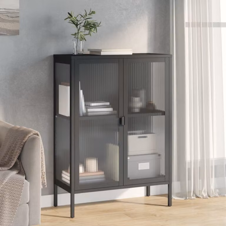 Credenza moderna vidaXL in vetro e acciaio nero L: 75 cm, P: 35 cm, H: 105 cm
