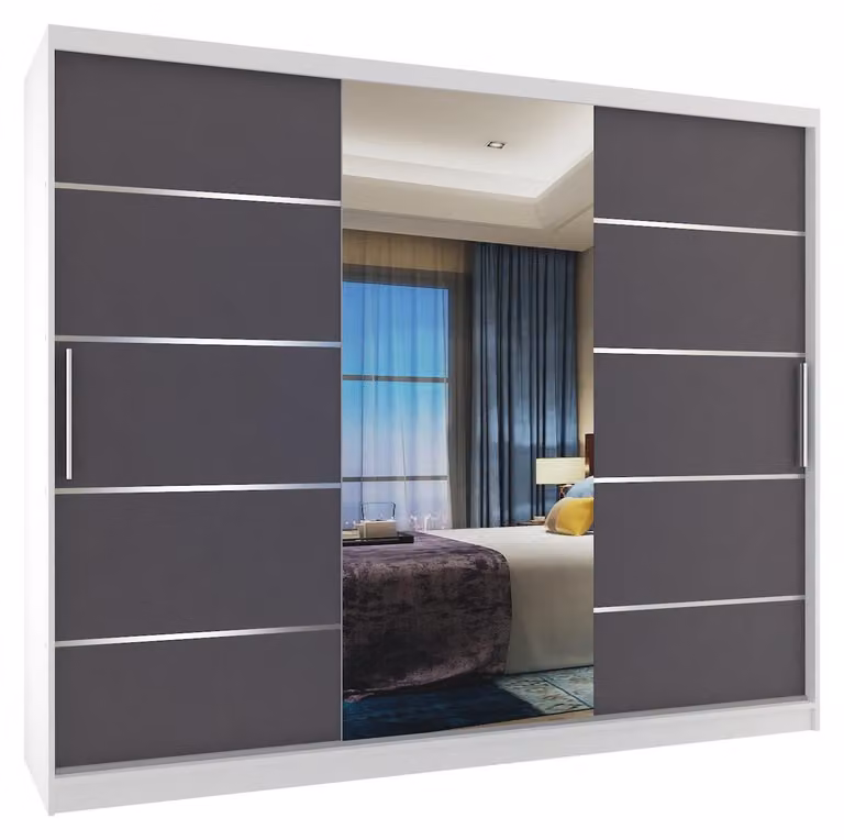 BELINI Verona, armadio scorrevole da 232 cm, bianco/grigio opaco - armadio con specchio e 4 cassetti, ideale per la camera da letto