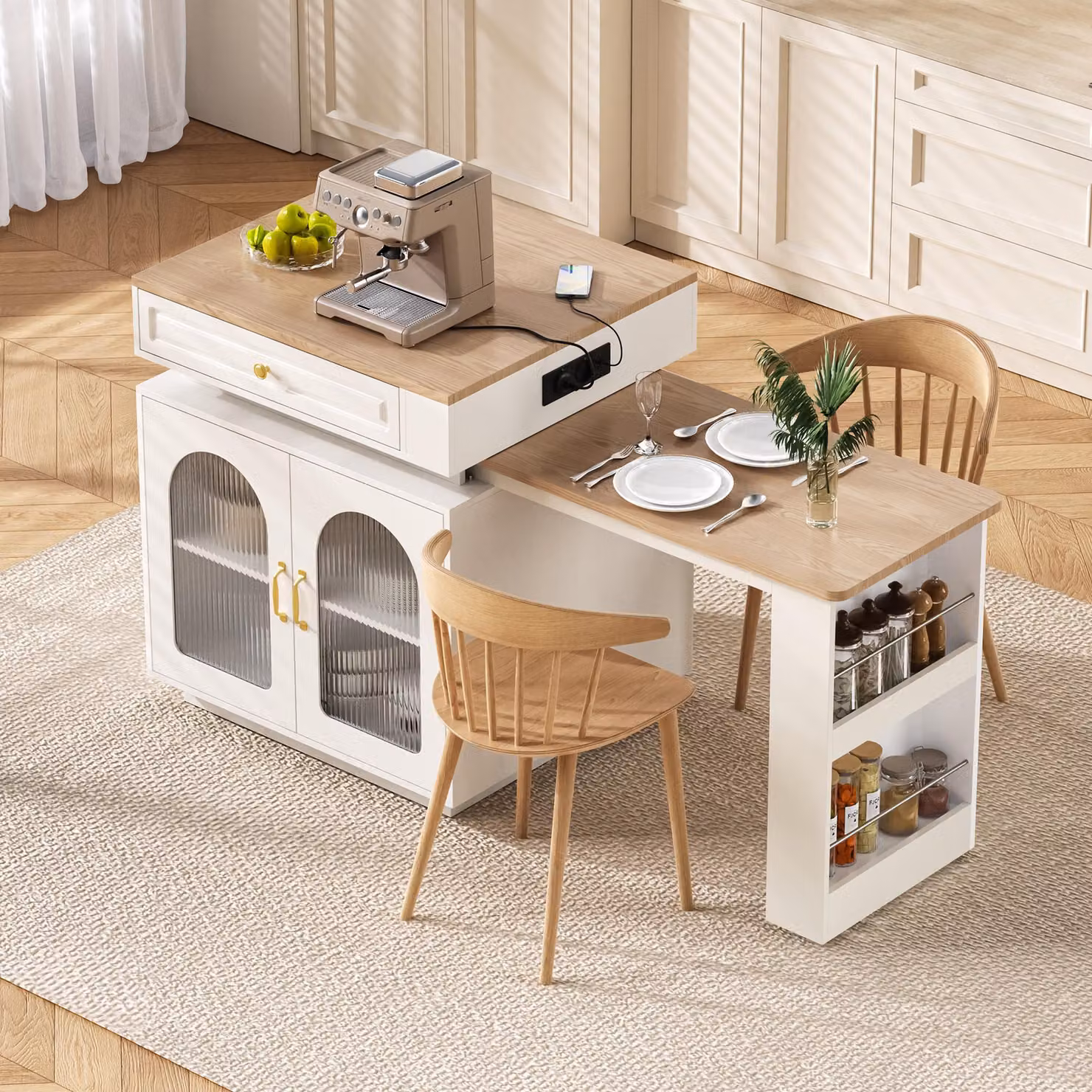 Isola da cucina STILVORA con ruote, carrello da cucina con tavolo estensibile, bancone con prese elettriche e illuminazione a LED, colore bianco, utilizzabile anche come credenza