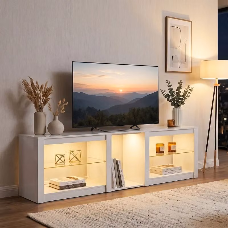 Mobile TV basso moderno WISHDOR con illuminazione LED integrata e ripiani in vetro, bianco, L: 160 cm, P: 35 cm, H: 52 cm – 2