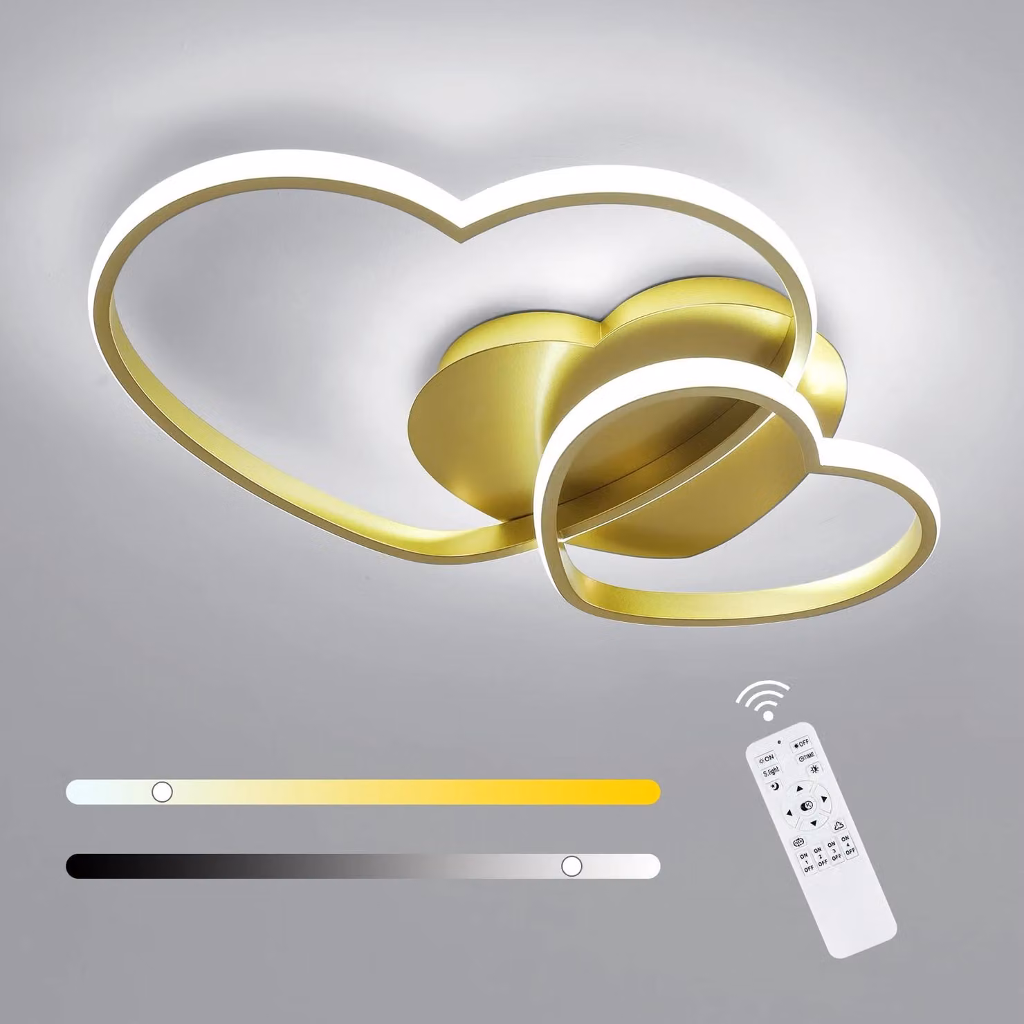 Lampada a soffitto a LED a forma di cuore - Modello A6913 - 48 W - Dimmerabile - Con telecomando - Temperatura di colore regolabile da 3000 a 6500 K - Montaggio a soffitto - Colore: oro