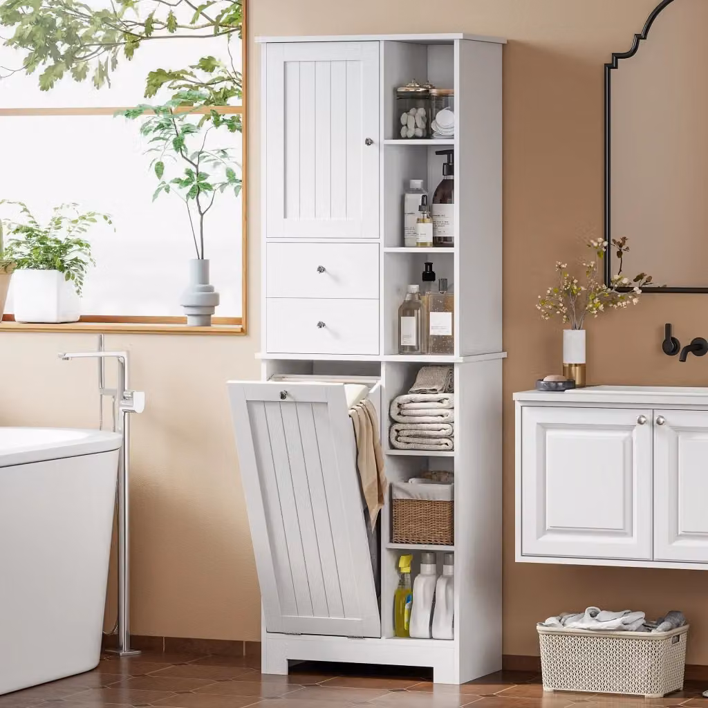 Armadietto da Bagno Giordanoshop Bianco con Cesto Biancheria Inclinabile in MDF, L: 60 cm, P: 28,8 cm, H: 171 cm – 2